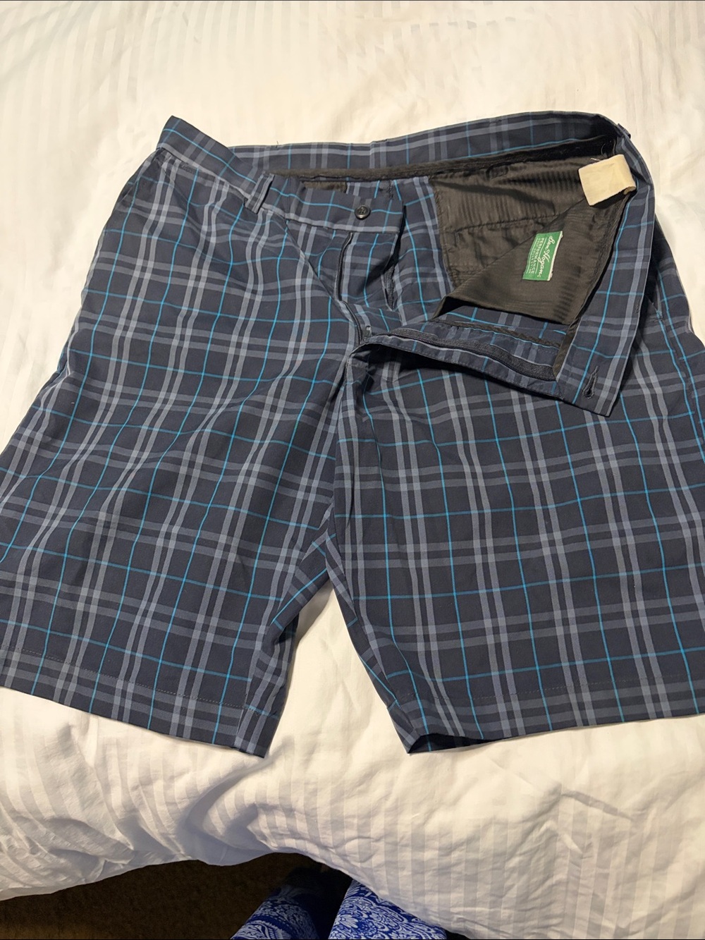 Ben Hogan Men's Navy and Light Blue Plaid Flat Front Shorts